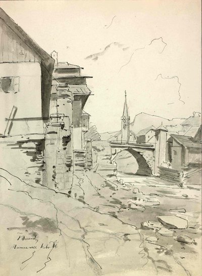 Trzic, Scene with Bridge and Church in the Background by Ladislav Benesch